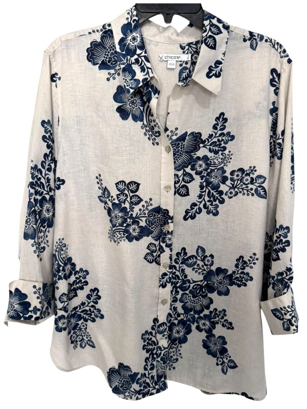 Chico's W's Sz 3/US 16 Button Up Shirt Blue Floral 100% Linen Tunic 3/4 Sleeve